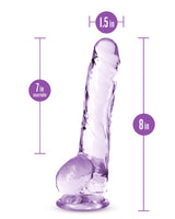 Naturally Yours 8 Inch Crystalline Dildo Amethyst with dimensions 1.5 in width and 8 in length.