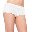 Leg Avenue Lace Ruffle Tanga Shorts One Size White featuring delicate micromesh lace and charming ruffle detailing.