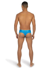 Envy Artic Bolt Thong Blue Large Xl displayed from the back on a male model, highlighting its vibrant arctic blue color.