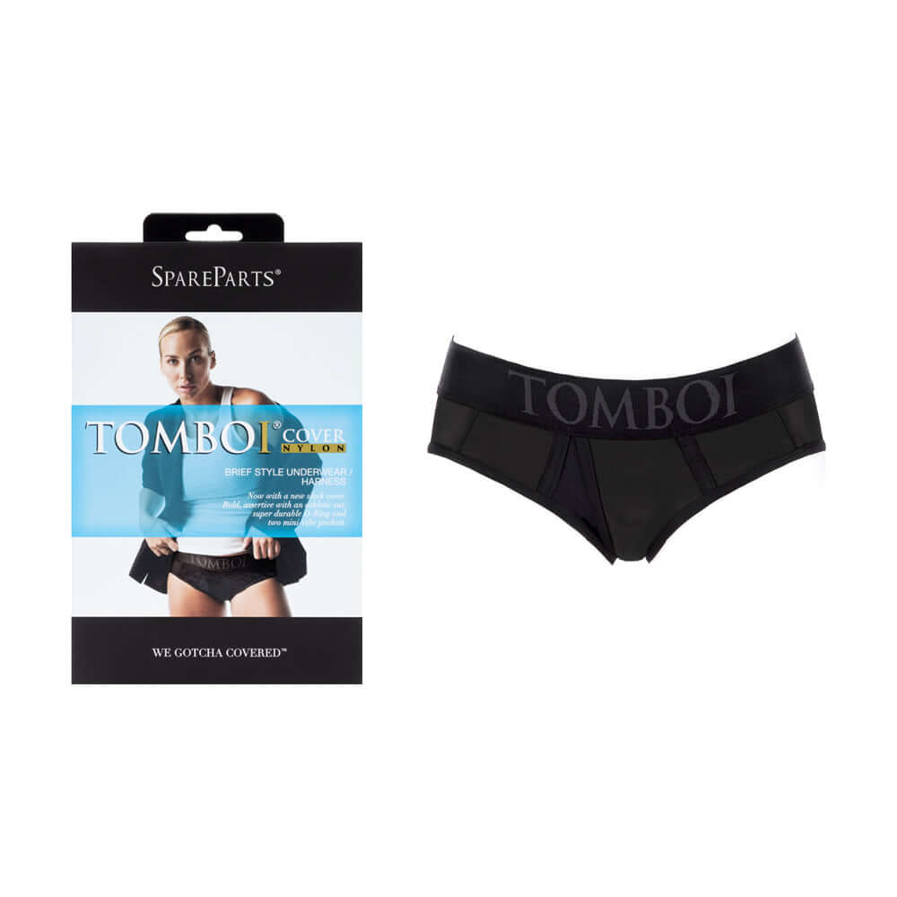 SpareParts Tomboi Cover Brief Style Underwear Harness Black XS packaging and product displayed together.