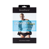 SpareParts Tomboi Cover Brief Style Underwear Harness Black L packaging displayed on model.