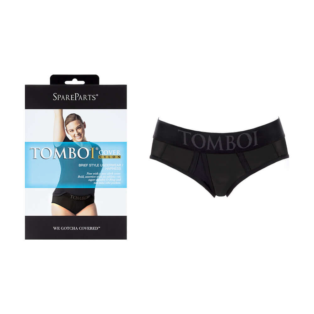 SpareParts Tomboi Cover Brief Style Underwear Harness Black 3XL packaged and displayed with model wearing.