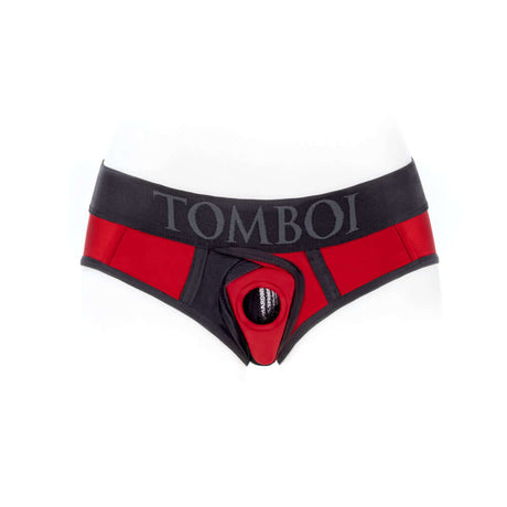 SpareParts Tomboi Cover Brief Style Underwear Harness XXS in red and black, featuring a sleek design for comfort and performance.