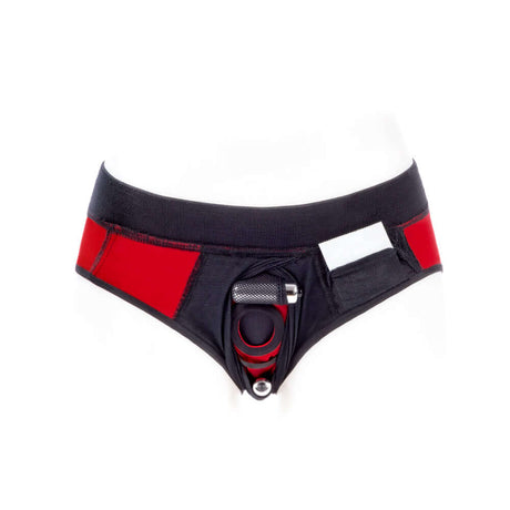 SpareParts Tomboi Cover Brief Style Underwear Harness Red XS showcasing its innovative design and athletic fit.