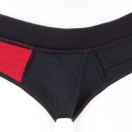 SpareParts Tomboi Cover Brief Style Underwear Harness Red XS showing front view with black and red fabric.