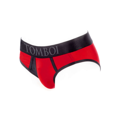 SpareParts Tomboi Cover Brief Style Underwear Harness Red L side view showing red fabric and black waistband.