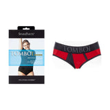 SpareParts Tomboi Cover Brief Style Underwear Harness Red 3XL displayed in packaging with smooth athletic fit.