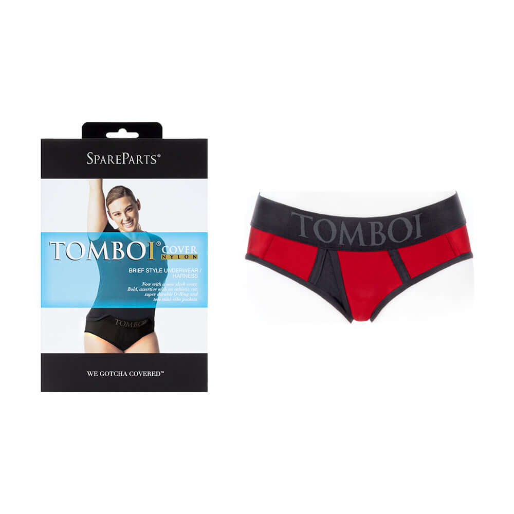 SpareParts Tomboi Cover Brief Style Underwear Harness Red 5XL on display with packaging.