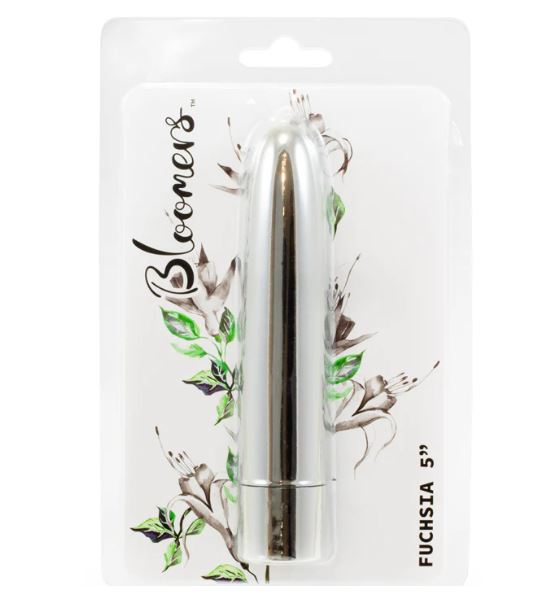 Bloomers Fuchsia 5 Inch Beginner Vibrator Silver in packaging with floral designs.