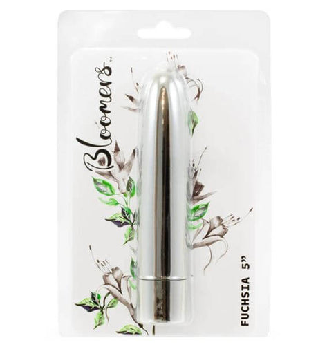 Bloomers Fuchsia 5 Inch Beginner Vibrator Silver in packaging with floral designs.