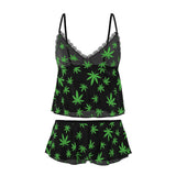 Magic Silk Hazy Dayz Cami & Short Set Pot Leaf L XL featuring a bold design of neon green pot leaves.