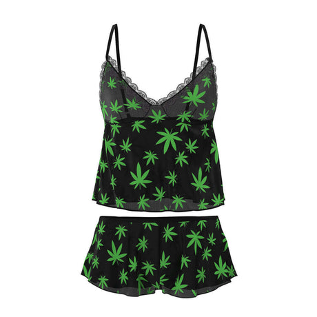Magic Silk Hazy Dayz Cami & Short Set Pot Leaf L XL featuring a bold design of neon green pot leaves.