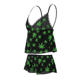 Magic Silk Hazy Dayz Cami & Short Set Pot Leaf L XL featuring a black mesh cami and shorts with neon green pot leaf print.