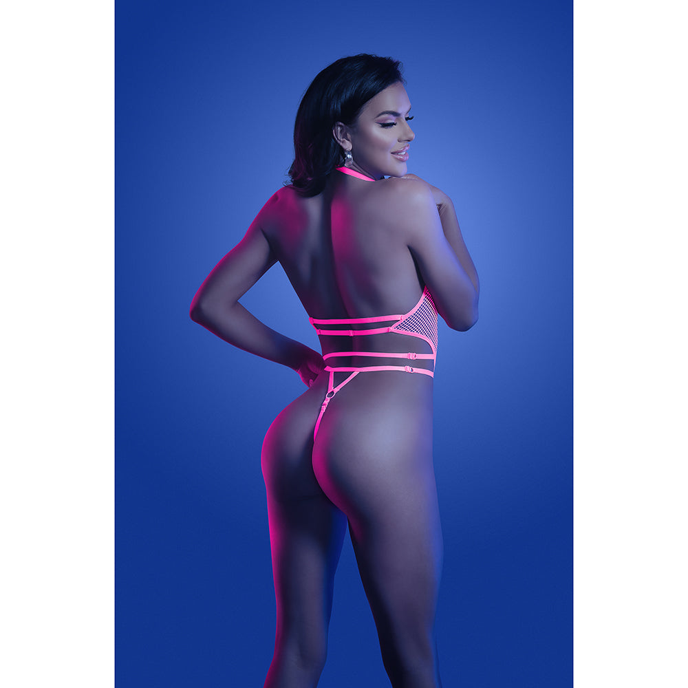 Fantasy Lingerie Glow Knockout UV Reactive Adjustable Halter G-String Teddy with Hook Closure M/L