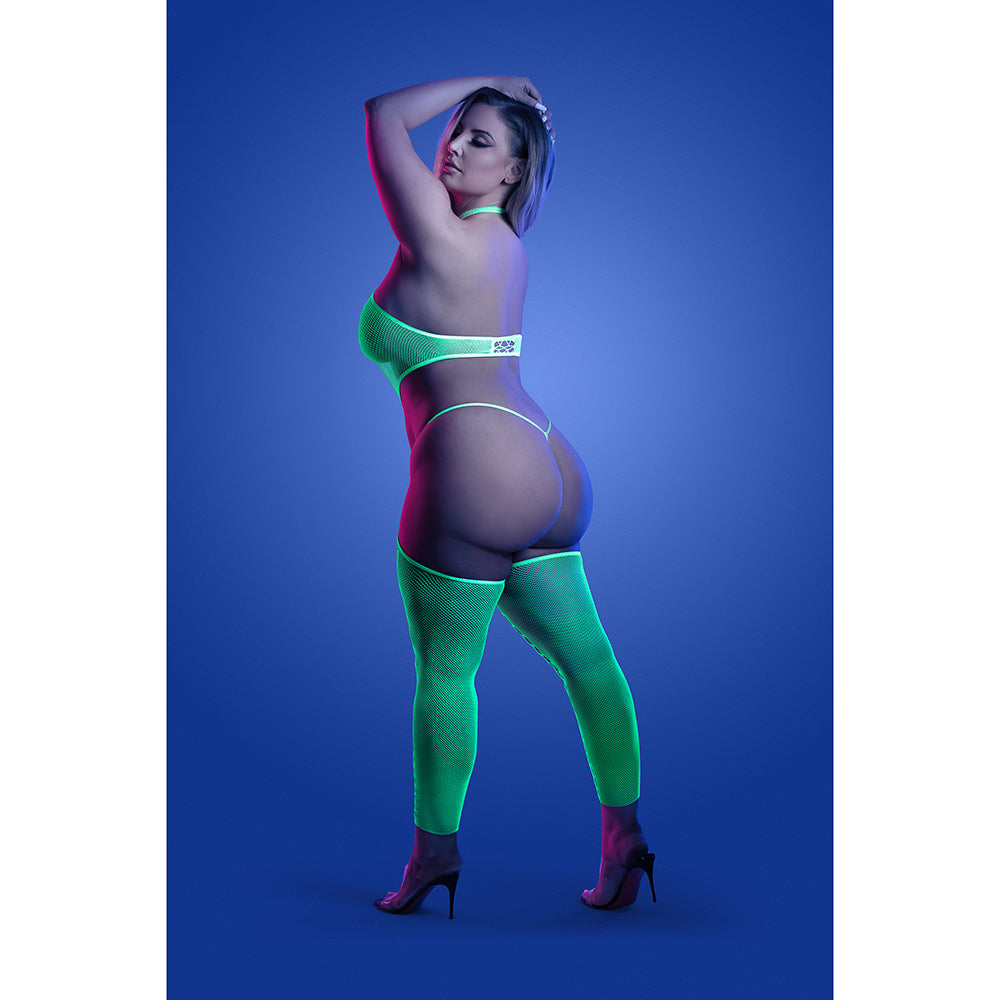 Fantasy Lingerie Glow High Voltage UV Reactive High Neck Bodystocking & G-String Panty Queen Size