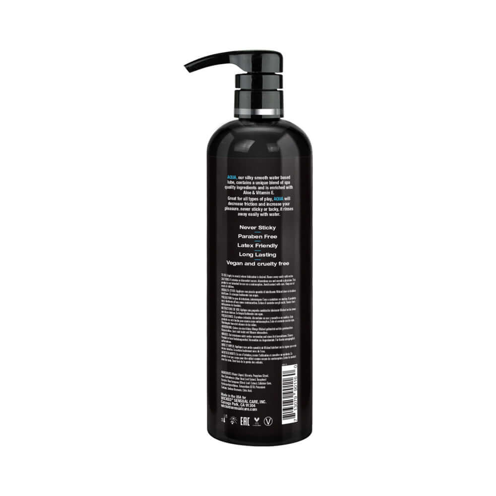 Wicked Aqua Water Based Lubricant 16 Oz bottle back view with pump and usage instructions.