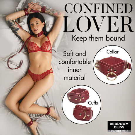 Bedroom Bliss Lover's Restraints Set featuring red vegan leather cuffs and collar, soft and adjustable for comfort.