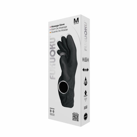 Fukuoku Vibrating Massage Glove Right Hand Medium Black packaging with sleek design and labels.