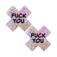Neva Nude Fuck You Sprankles 3D Neon Nipple Pasties featuring a colorful glittery design and bold text.