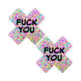 Neva Nude Fuck You Sprankles 3D Neon Nipple Pasties featuring a colorful glittery design and bold text.