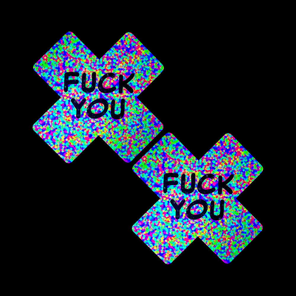 Neva Nude Fuck You Sprankles 3D Neon Nipple Pasties featuring colorful patterns and bold text on a black background.