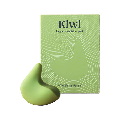 Ohnut Kiwi Vibrating Personal Massager and packaging by The Pelvic People on a light green background.