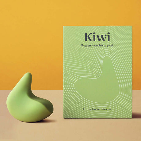 Ohnut Kiwi Vibrating Personal Massager beside the Kiwi product packaging by The Pelvic People on a yellow background.