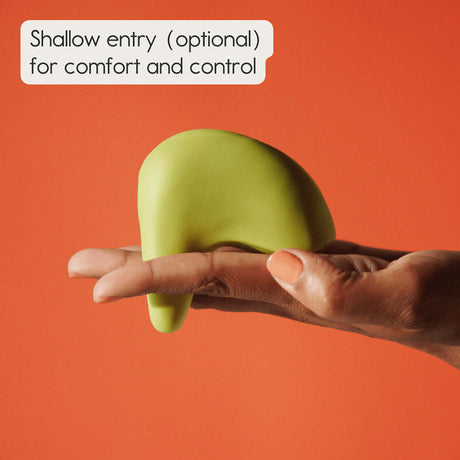 Ohnut Kiwi Vibrating Personal Massager demonstrating shallow entry for comfort and control.