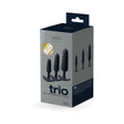 VeDO Trio Anal Plug Set Black packaging showcasing three non-vibrating butt plugs in various sizes and textures.