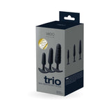 VeDO Trio Anal Plug Set Black packaging showcasing three non-vibrating butt plugs in various sizes and textures.