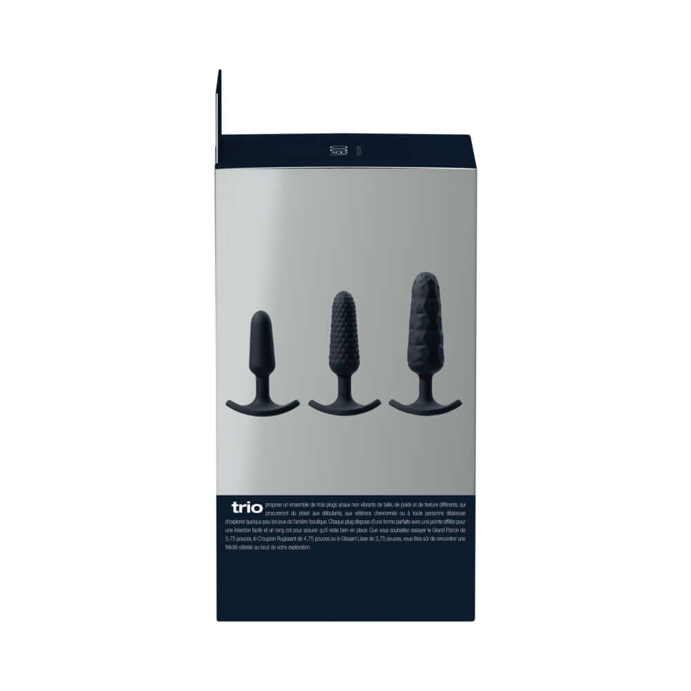 VeDO Trio Anal Plug Set Black displayed in packaging showcasing three silicone anal plugs of different sizes.