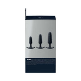 VeDO Trio Anal Plug Set Black displayed in packaging showcasing three silicone anal plugs of different sizes.