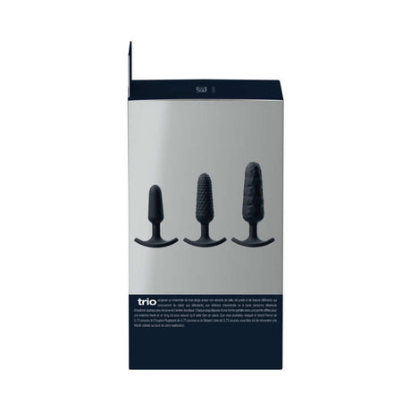 VeDO Trio Anal Plug Set Black displayed in packaging showcasing three silicone anal plugs of different sizes.