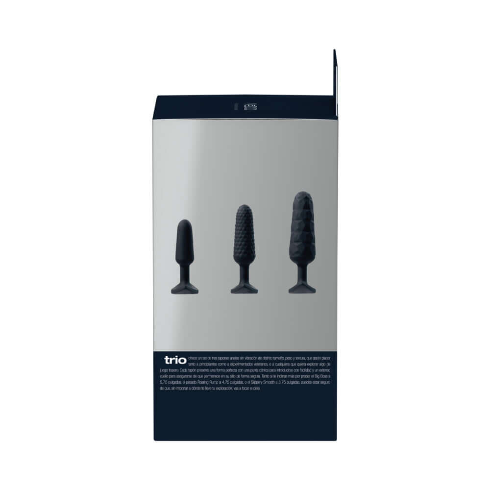 VeDO Trio Anal Plug Set Black packaging showing three unique silicone plugs for backdoor pleasure.