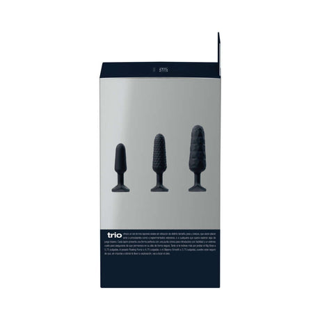 VeDO Trio Anal Plug Set Black packaging showing three unique silicone plugs for backdoor pleasure.
