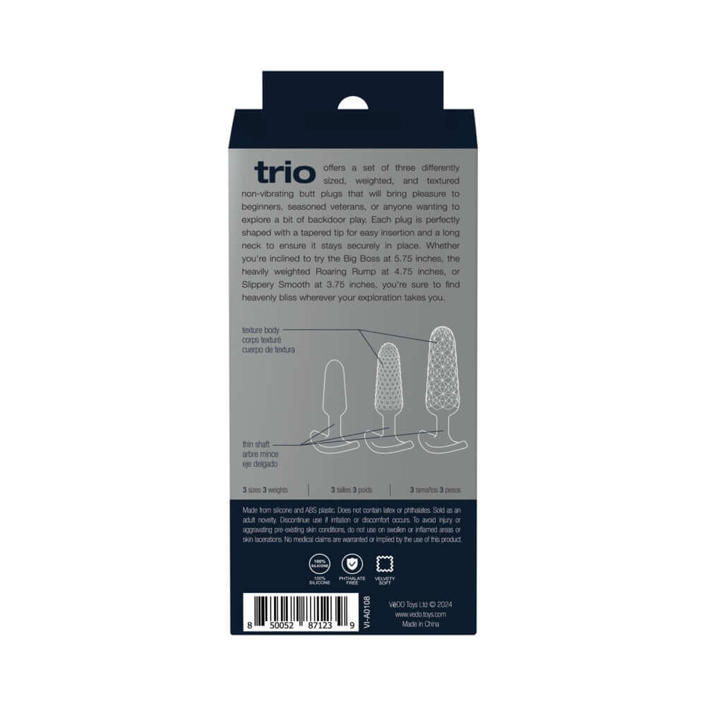 VeDO Trio Anal Plug Set Black back packaging showing three silicone anal plugs for various skill levels.