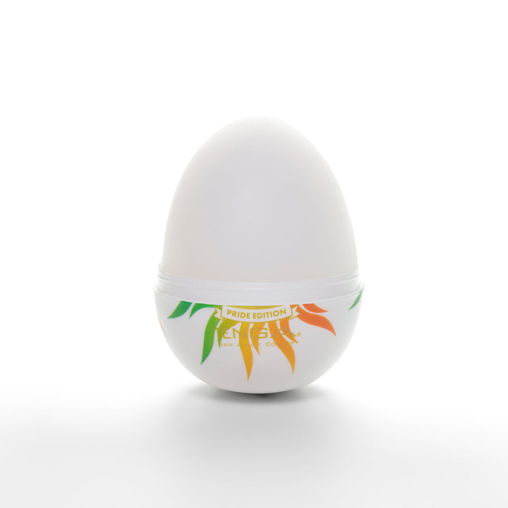 Tenga Egg Shiny II Pride Edition, featuring a colorful design with sunburst pattern, representing pleasure and empowerment.
