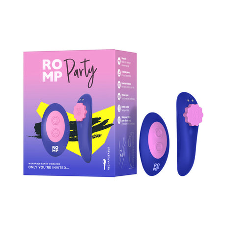 ROMP Party Wearable Panty Vibrator Purple packaging and remote control in vibrant colors.
