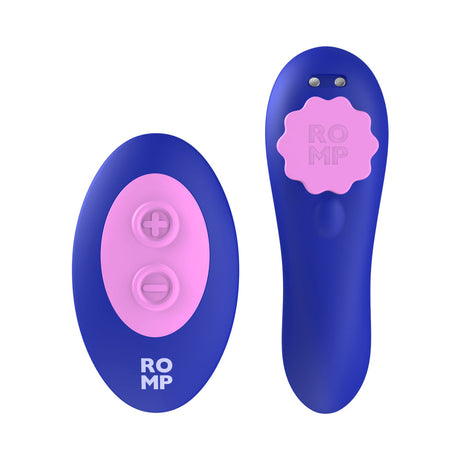 ROMP Party Wearable Panty Vibrator Purple remote control with pink and purple buttons for clitoral stimulation.