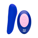 ROMP Party Wearable Panty Vibrator Purple with remote control and silicone design for clitoral pleasure.