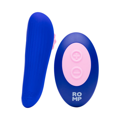ROMP Party Wearable Panty Vibrator Purple with remote control and silicone design for clitoral pleasure.