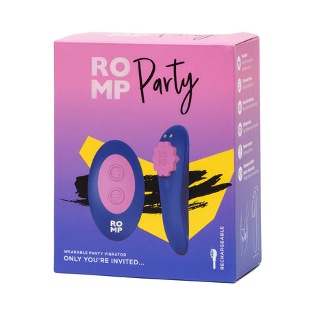 ROMP Party Wearable Panty Vibrator Purple packaging showcasing remote control and design.