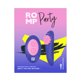ROMP Party Wearable Panty Vibrator Purple packaging featuring sleek design and remote control for pleasure.