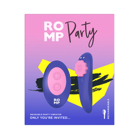 ROMP Party Wearable Panty Vibrator Purple packaging featuring sleek design and remote control for pleasure.