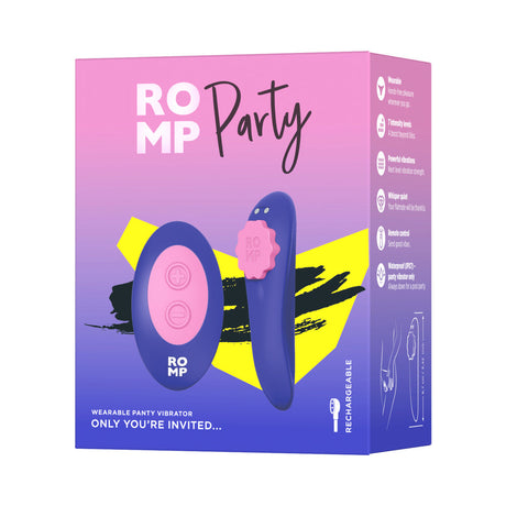 ROMP Party Wearable Panty Vibrator Purple packaging showcasing a remote-controlled vibrator and vibrant design.