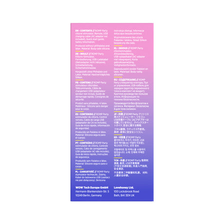 ROMP Party Wearable Panty Vibrator Purple multilingual product information and instructions.
