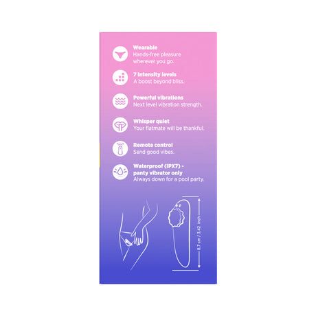Features of ROMP Party Wearable Panty Vibrator Purple including remote control and waterproof design.