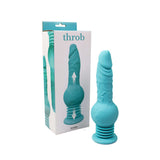 Throb Thrusting Dildo with Balls & Suction Cup Teal in packaging showcasing its design and features.