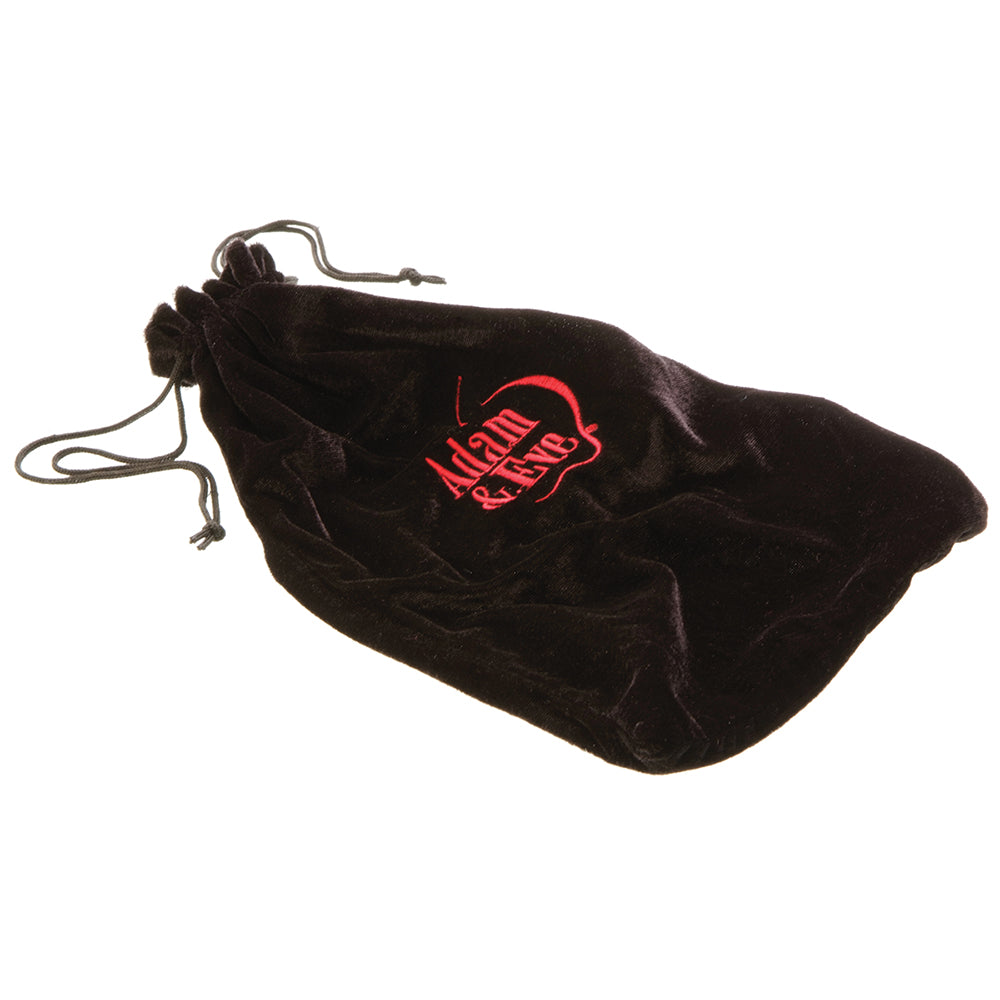 Adam and Eve Velvet Storage Bag in black velvet with red logo, perfect for safe and stylish storage.