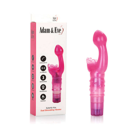 Adam & Eve Butterfly Kiss Rabbit Vibrator in pink packaging featuring dual stimulating design.